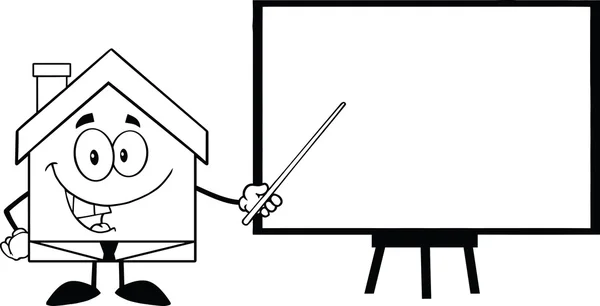 Personaje de la casa de negocios en blanco y negro con puntero presentando en un tablero —  Fotos de Stock