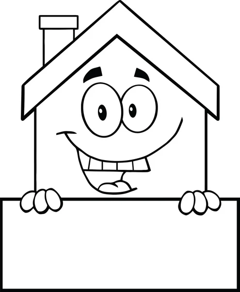 Personagem dos desenhos animados da casa preta e branca sobre o sinal em branco — Fotografia de Stock