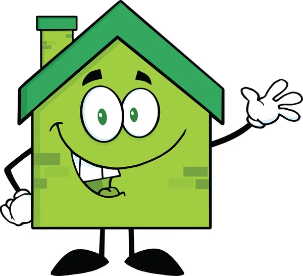 Green Eco House Character Waving For Greeting — Stock Photo, Image