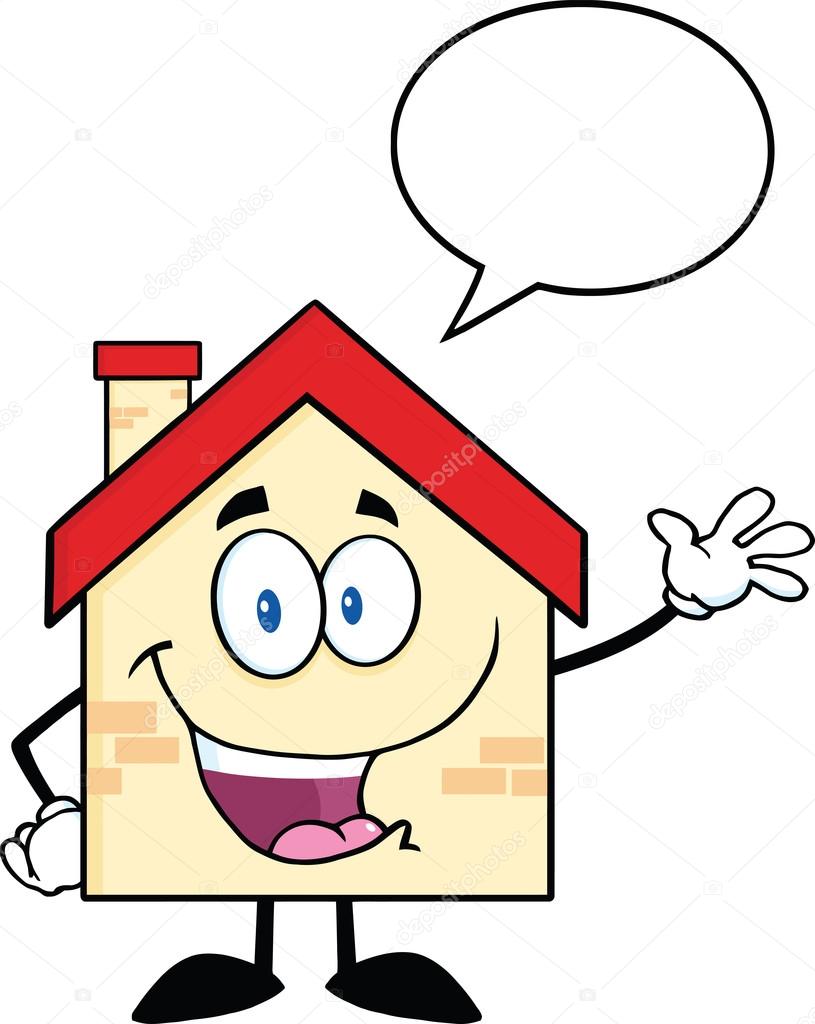 Happy House Cartoon Character Waving For Greeting With Speech Bubble Stock  Photo by ©HitToon 30745643