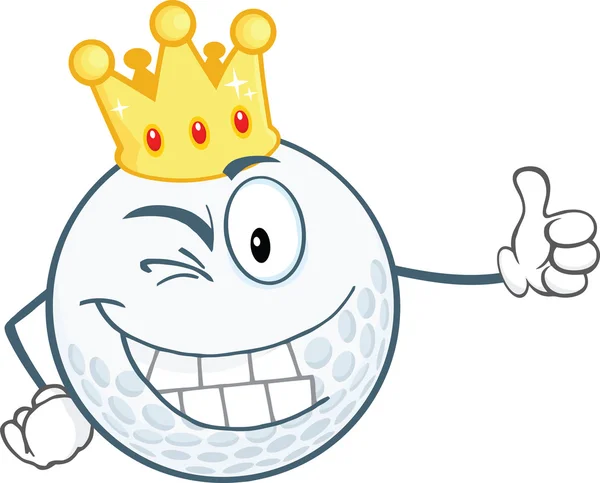 Winking Golf Ball Character With Gold Crown Holding A Thumb Up — Stock Photo, Image