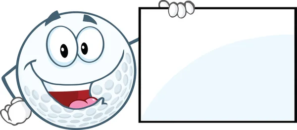 Glücklicher Golfballcharakter, der ein Zeichen zeigt — Stockfoto