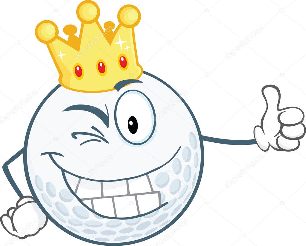Winking Golf Ball Character With Gold Crown Holding A Thumb Up