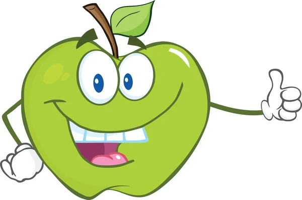 Зеленое яблоко держит пальцем вверх — стоковое фото