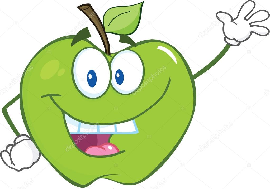 Green Apple Cartoon Character Waving For Greeting