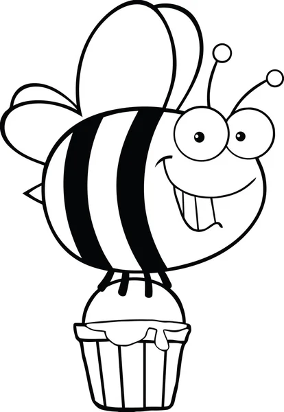 Czarno-białe uśmiechający się ładny Bee pływające z łyżki miodu — Zdjęcie stockowe