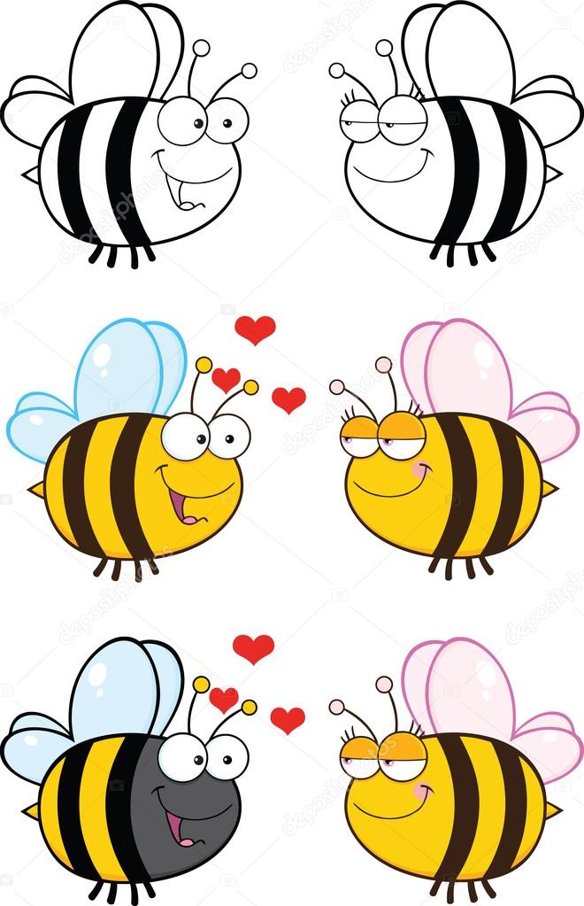 Cute Bee Cartoon Characters. Set Collection 6