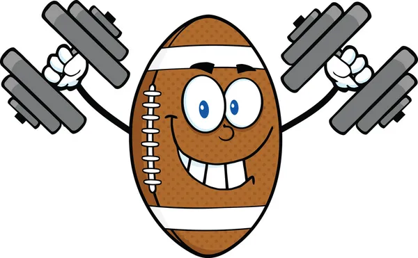 Uśmiechający się amerykański Football piłka Cartoon charakter treningu z hantlami — Zdjęcie stockowe