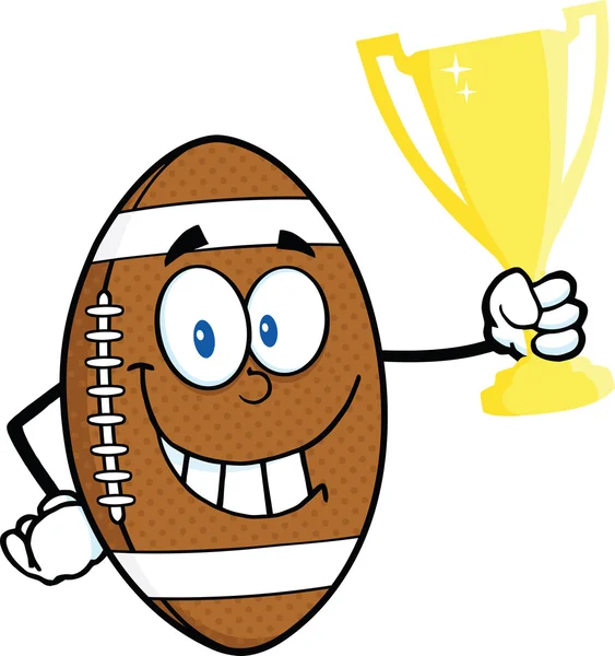 Americký fotbal míč kreslená postava drží zlatý Trophy Cup — Stock fotografie