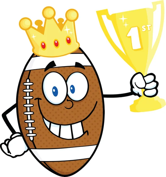 American Football Ball Character With Golden Crown Holding First Prize Trophy Cup — Stock Photo, Image