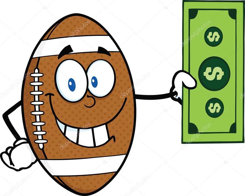 Smiling American Football Ball Character Showing A Dollar Bill