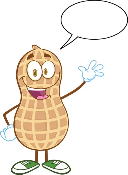 Glad jordnötter seriefiguren vinka för hälsning med pratbubblan — Stockfoto