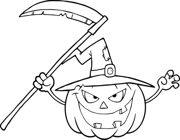 Back And White Scaring Halloween Pumpkin With A Witch Hat And Scythe — Stock Photo, Image