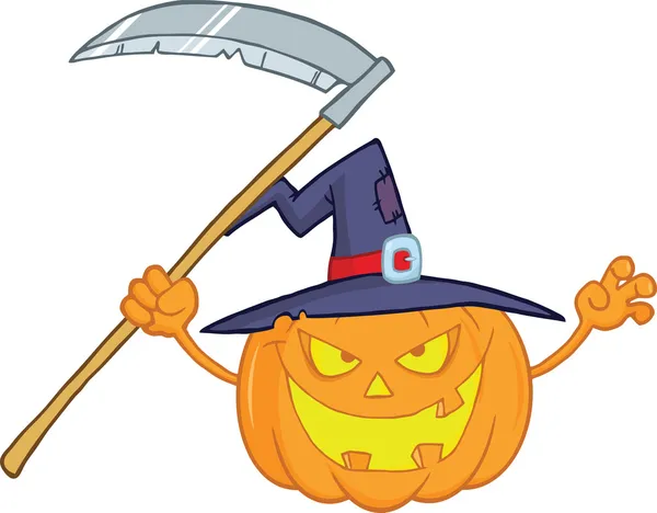 Skrämma halloween pumpa med en häxa hatt och lie — Stockfoto