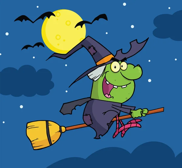 女巫骑着扫帚在夜里 — 图库照片