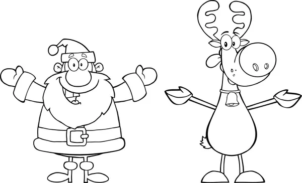 Black And White Happy Santa Claus And Reindeer — Stock Photo, Image