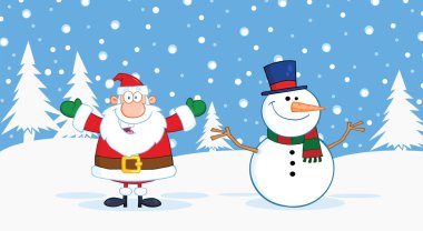Noel Baba ve kardan adam ile neşeli Noel tebrik