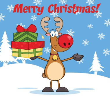 Merry christmas tebrik hediye bir yığını tutan Ren geyiği ile