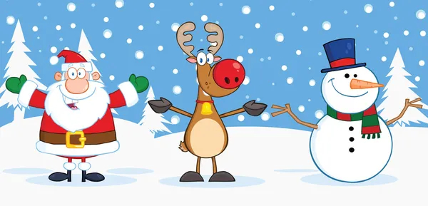 Santa Claus,Reindeer And Snowman Characters — Stock Photo, Image