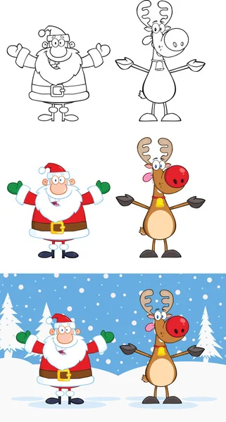 Noel Baba ve Ren geyiği çizgi kahramanlar 1 koleksiyonu ayarla — Stok fotoğraf