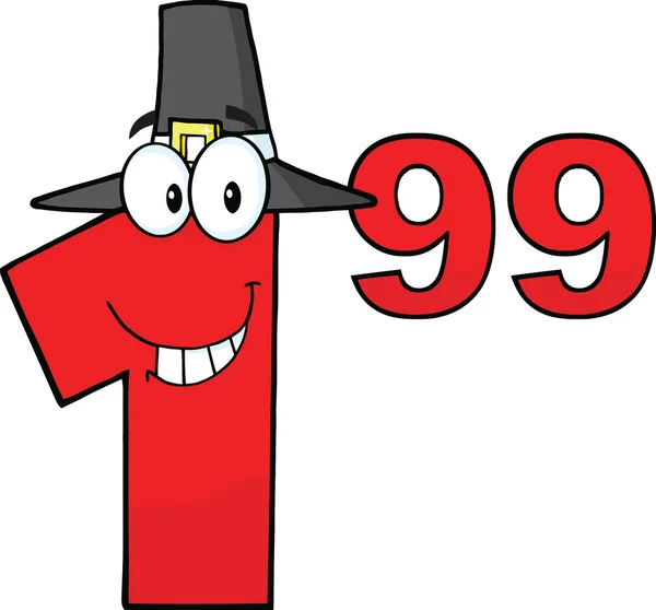 Preisschild rote Zahl 1,99 mit Pilgerhut Cartoon-Figur — Stockfoto