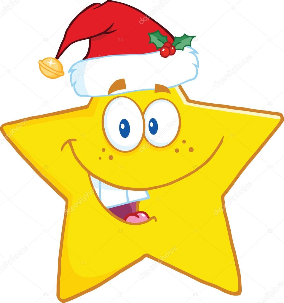 Smiling Star Cartoon Character With Santa Hat Stock Photo