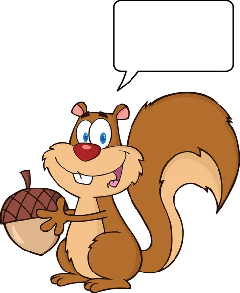 Söt ekorre seriefiguren innehar ett ekollon med pratbubblan — Stockfoto
