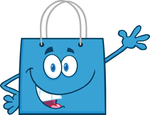 Mavi alışveriş çantası çizgi film karakteri için tebrik sallayarak gülümseyen — Stok fotoğraf