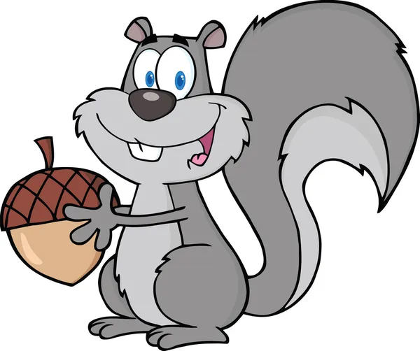 Roztomilá veverka šedá kreslená postava drží žalud — Stock fotografie