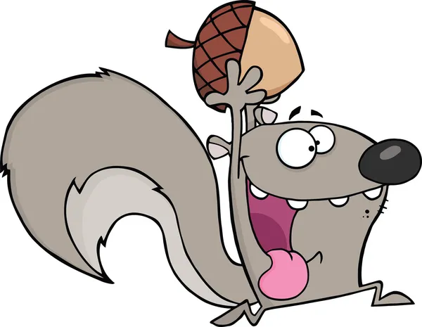 Τρελό γκρι σκίουρος χαρακτήρα κινουμένων σχεδίων που τρέχει με το βελανίδι — Φωτογραφία Αρχείου