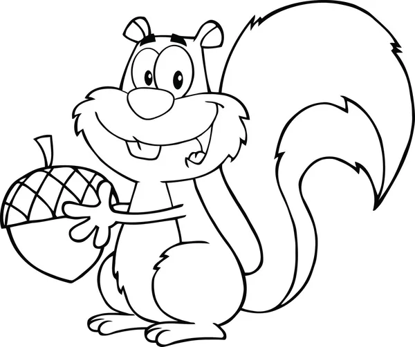 Μαύρο και άσπρο χαριτωμένο σκίουρο χαρακτήρα κινουμένων σχεδίων κρατώντας ένα βελανίδι — Φωτογραφία Αρχείου