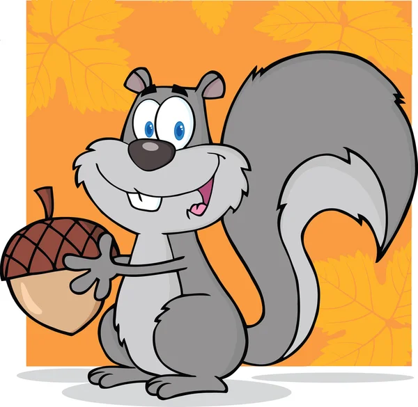 Симпатичный персонаж мультфильма "Симпатичная серая белка" держит желудь — стоковое фото