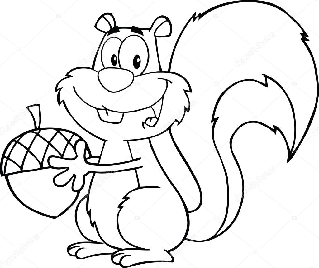 Black And White Cute Squirrel Cartoon Character Holding A Acorn — Stock