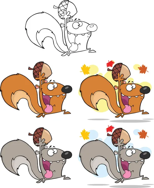 Squirrel gila Karakter Kartun Berlari Dengan Acorn — Stok Foto