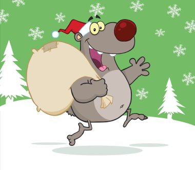 çanta ile çalışan ve sallayarak santa gri ayı çizgi film karakteri