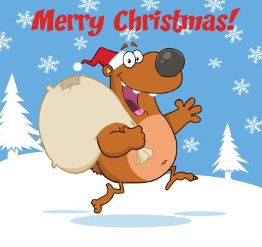 Merry christmas tebrik çanta ile çalışan ve sallayarak Noel Baba ayı ile