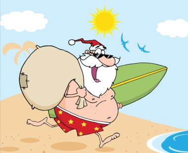 Noel baba karakteri şortlu surfboard ve paket ile çalışan