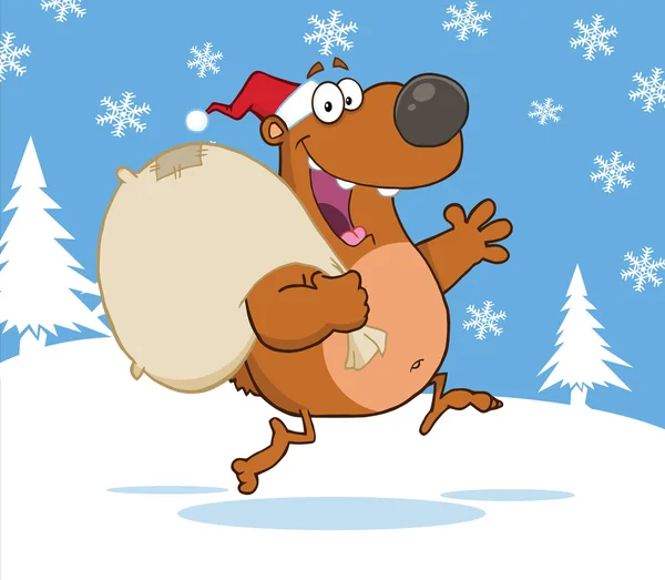 Santa Bear Running With Bag And Waving — Stock Photo, Image