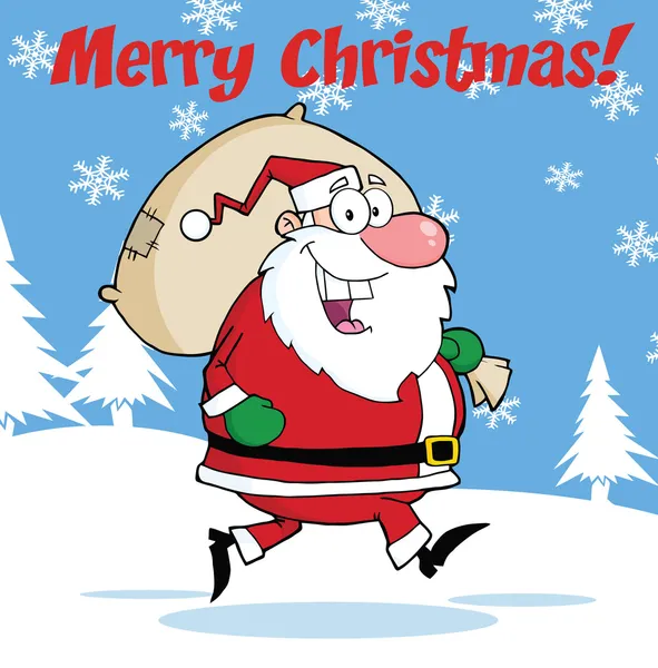 Merry Christmas Greeting With Santa Claus Running With Bag — Stock Photo, Image