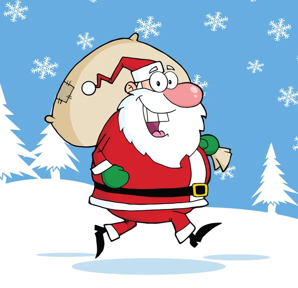 Papai Noel personagem correndo com saco — Fotografia de Stock