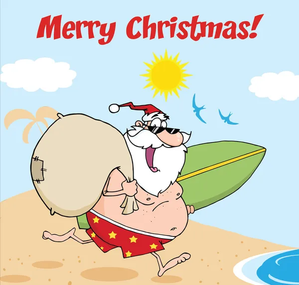 Feliz Navidad saludo con Papá Noel en pantalones cortos, corriendo con una tabla de surf y bolsa —  Fotos de Stock