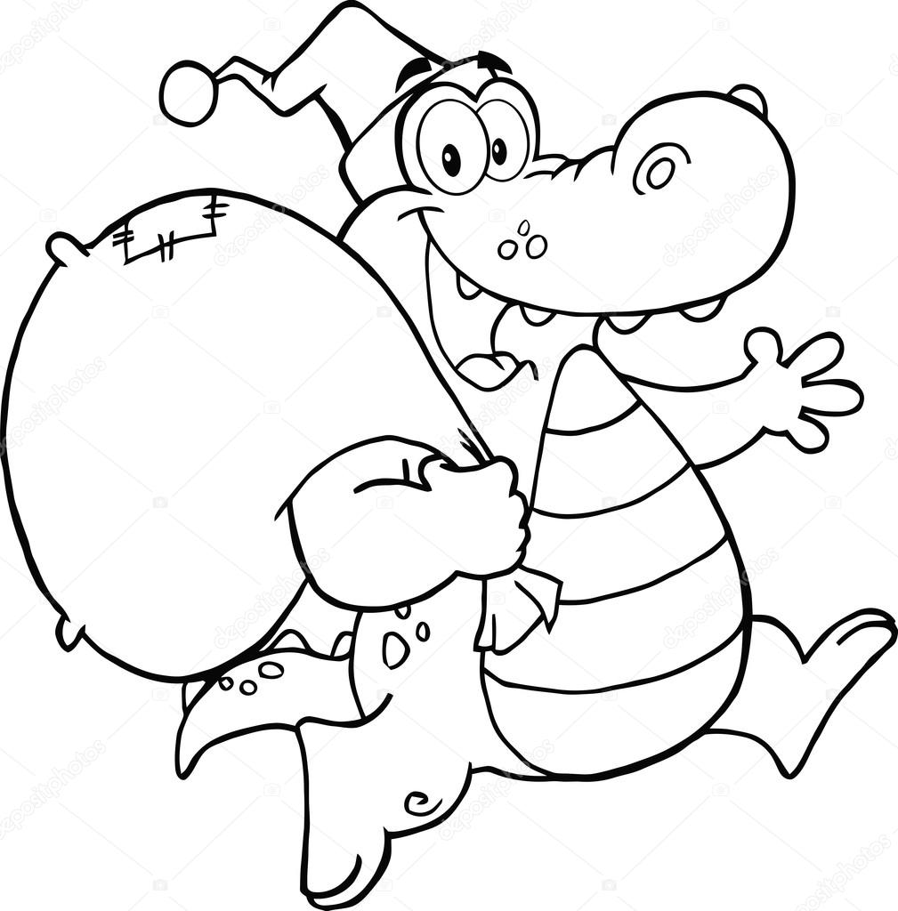 Black and White Crocodile Santa Cartoon Character Running With Bag Stock  Photo by ©HitToon 32841857