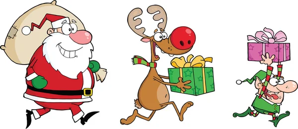 Reindeer, Elf And Santa Claus Carrying Christmas Presents — Stock Photo, Image