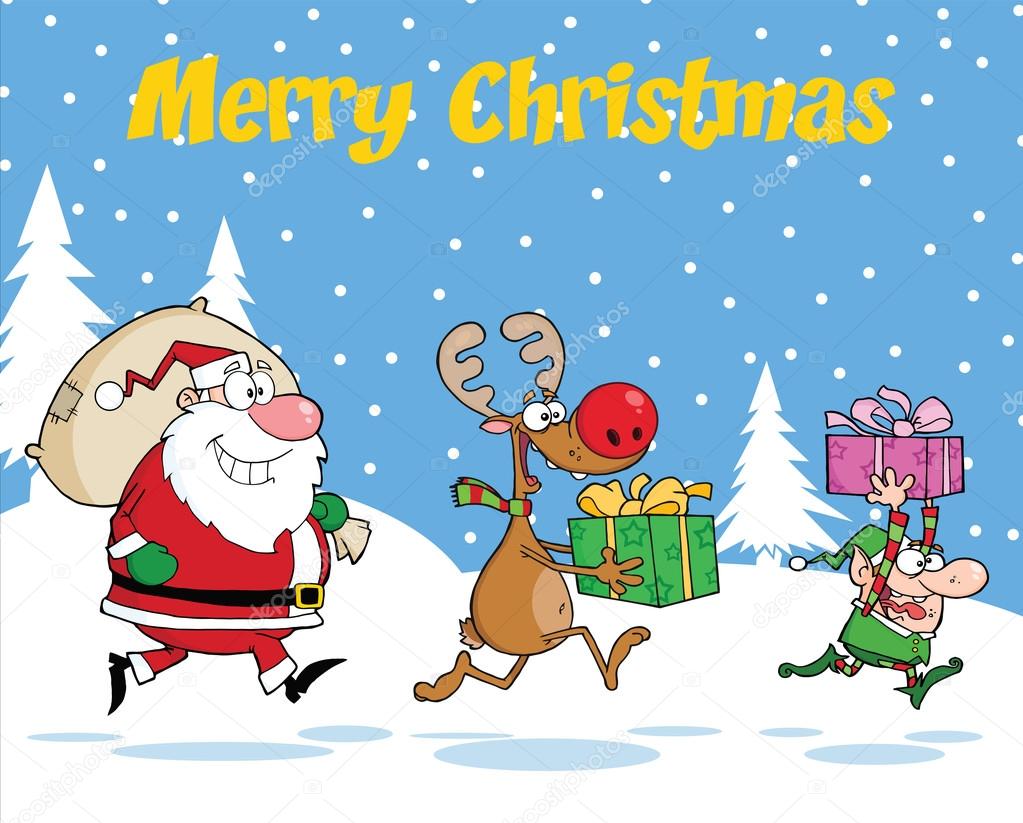 Merry Christmas Greeting With Reindeer, Elf And Santa Claus Carrying Christmas Presents