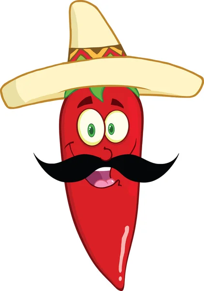 Lachende rode chili peper stripfiguur met Mexicaanse hoed en snor — Stockfoto