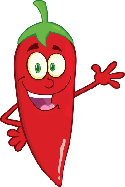 Senyum Red Chili Pepper Cartoon Character Waving For Greeting — Stok Foto