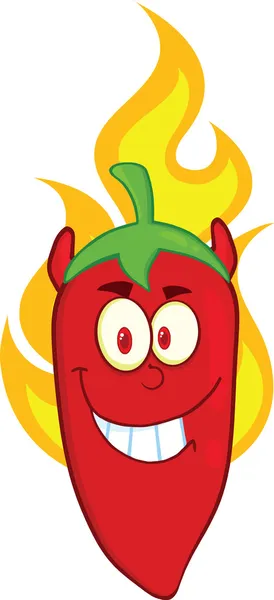 Red Chili Pepper Karakter Kartun Iblis Pada Api — Stok Foto