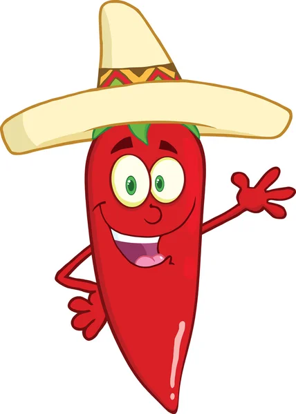 Персонаж улыбающегося красного перца с мексиканской шляпой машет для приветствия — стоковое фото