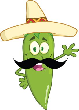 yeşil biber karakteri ile Meksika şapkası ve tebrik için sallayarak bıyıklı