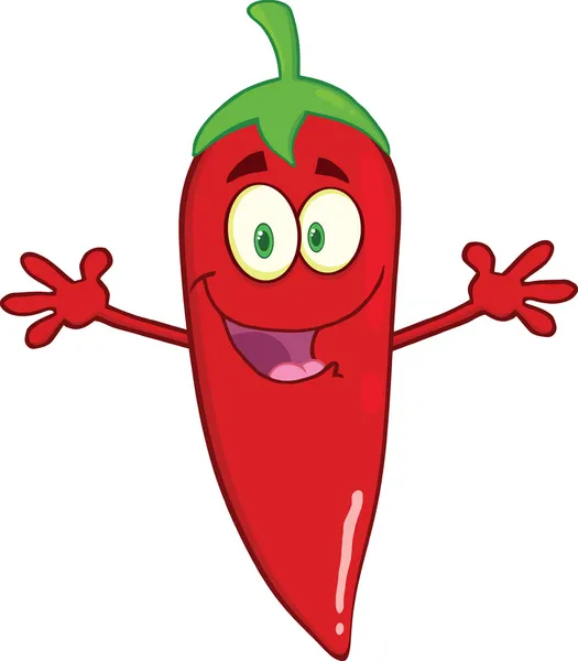 Lachende rode chili peper stripfiguur met uitnodigende open armen — Stockfoto